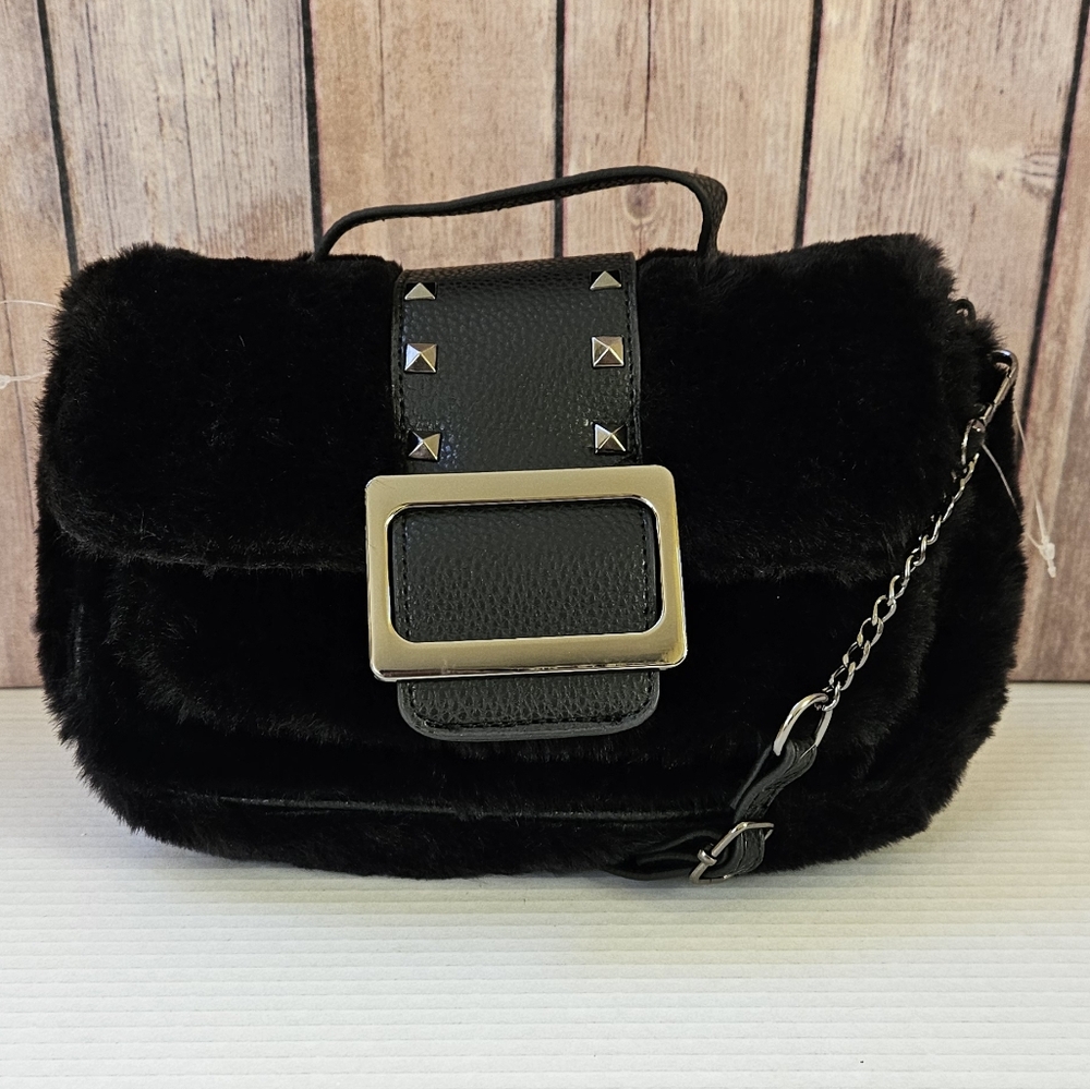 CLAIRES Black Faux Fur Handbag NWT